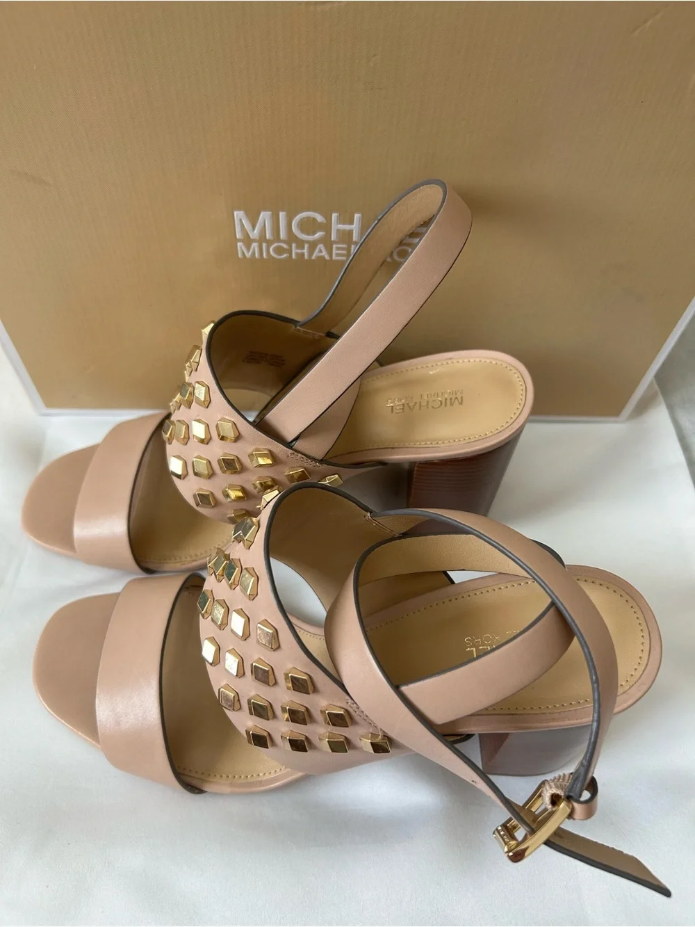 🩷Michael Kors💛”Valencia”Blush Pink Leather Studded Ankle Slingback Sandals-NIB
